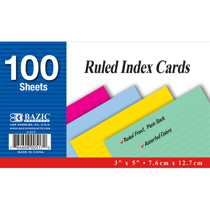 INDEX CARDS: Asst, 3x5, Ruled, 100/pk