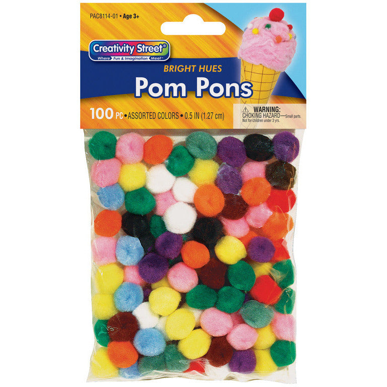 Poms Bright Hue Assorted, .5In 100 Count